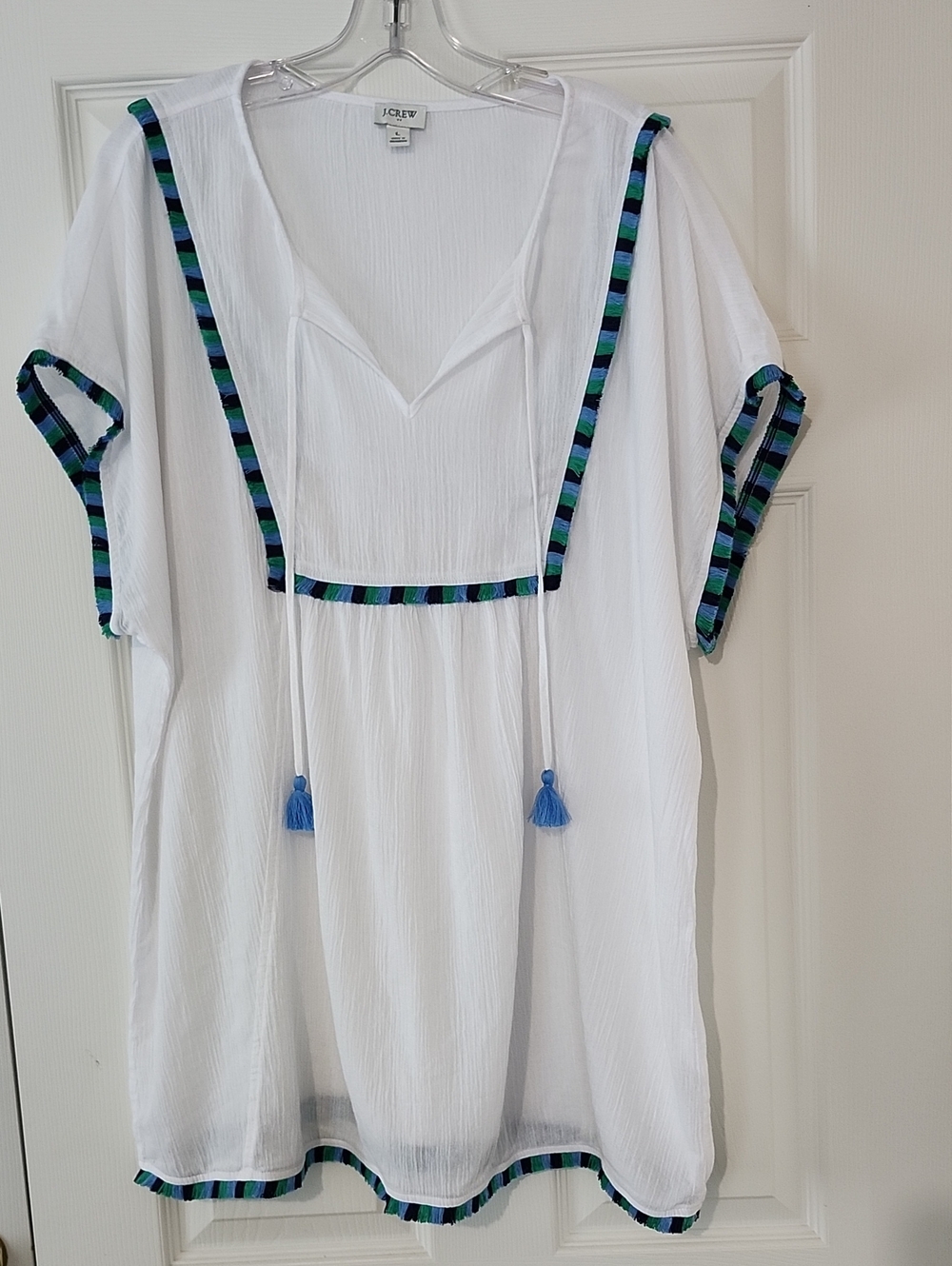 J Crew White Gauze Tunic Beach Cover Up With Colorful Fringe Ladies Size Large